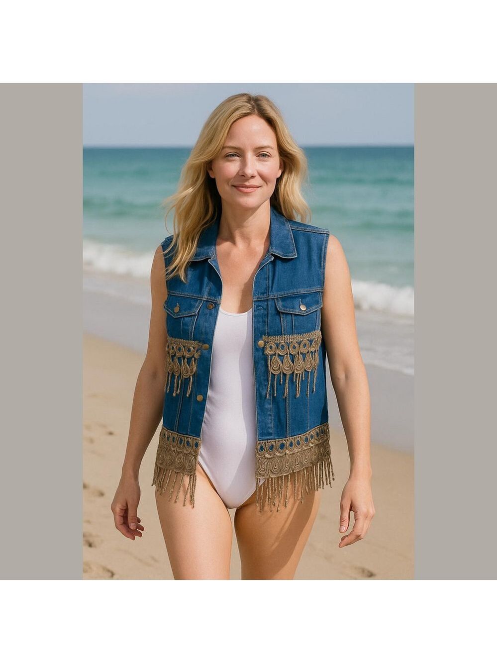 Vintage Denim Vest with Lace Crocheted Fringe